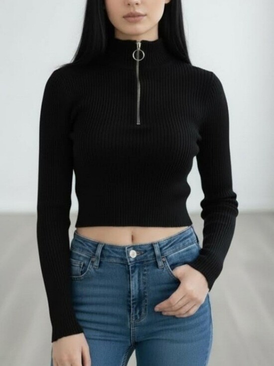 Love Tree Tops - Love Tree Black Ribbed Zip-Up Mock Neck Crop Top